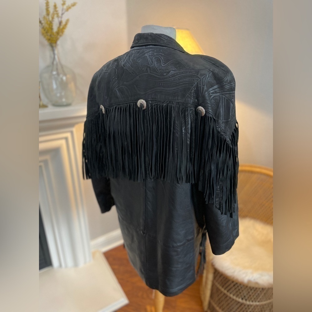 Vintage Black Leather Western Fringe Concho Jacket